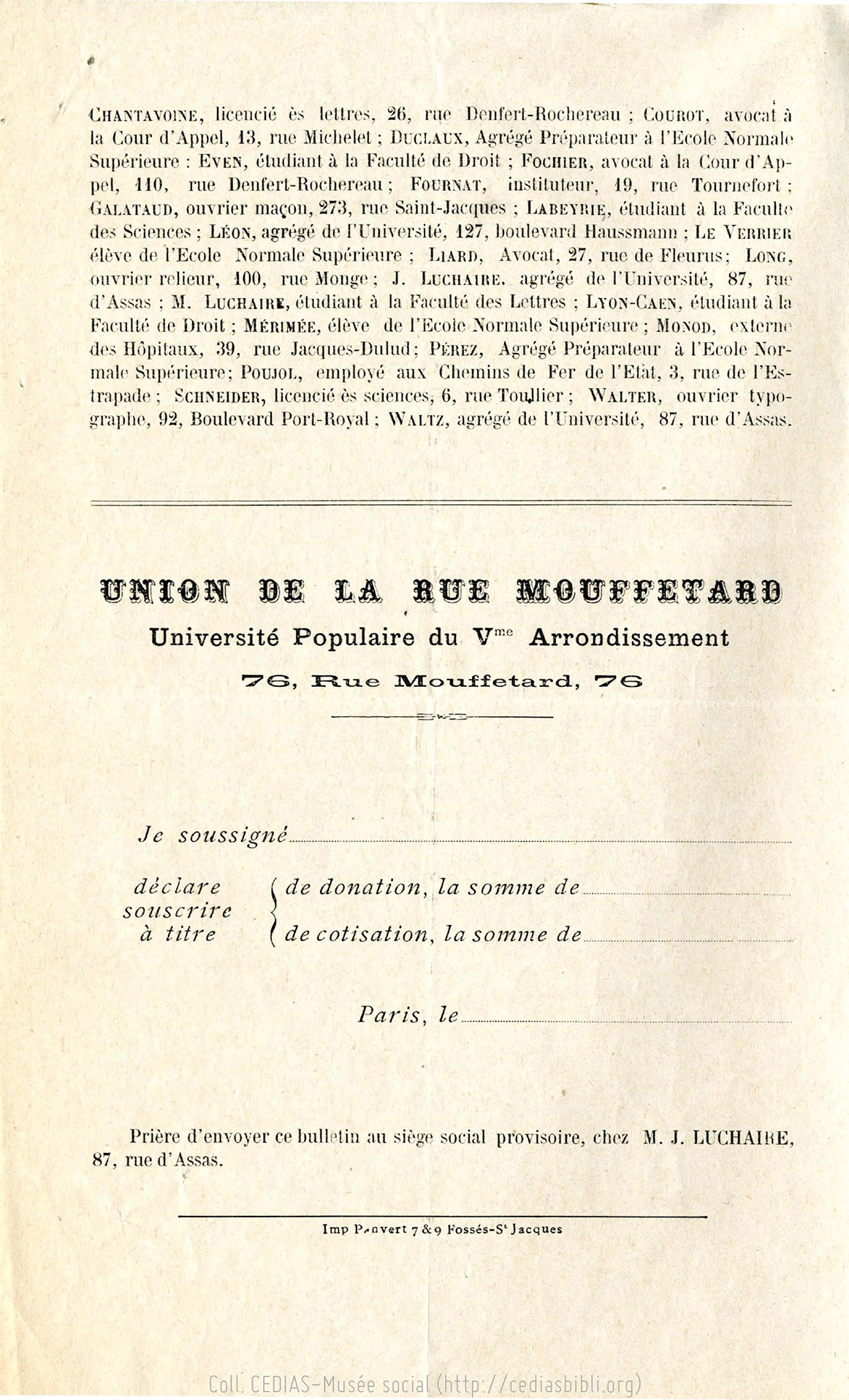 Union de la rue Mouffetard : Université Populaire du Ve arrondissement, 76 rue Mouffetard, tract, 1902