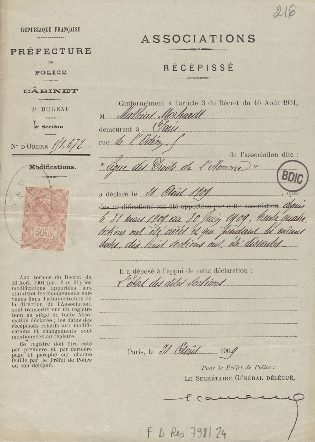 Récipissé de Déclaration d'association daté du 21 août 1909