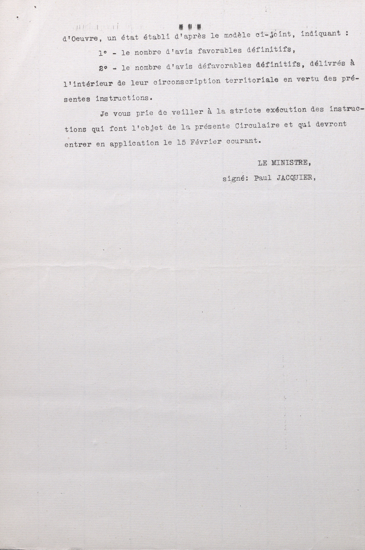 Fiche de renseignements émanant du Ministère du travail accompagnée d'une lettre confidentielle du Ministre du travail sur le renouvellement des cartes d'identité des travailleurs étrangers, 12 février 1935