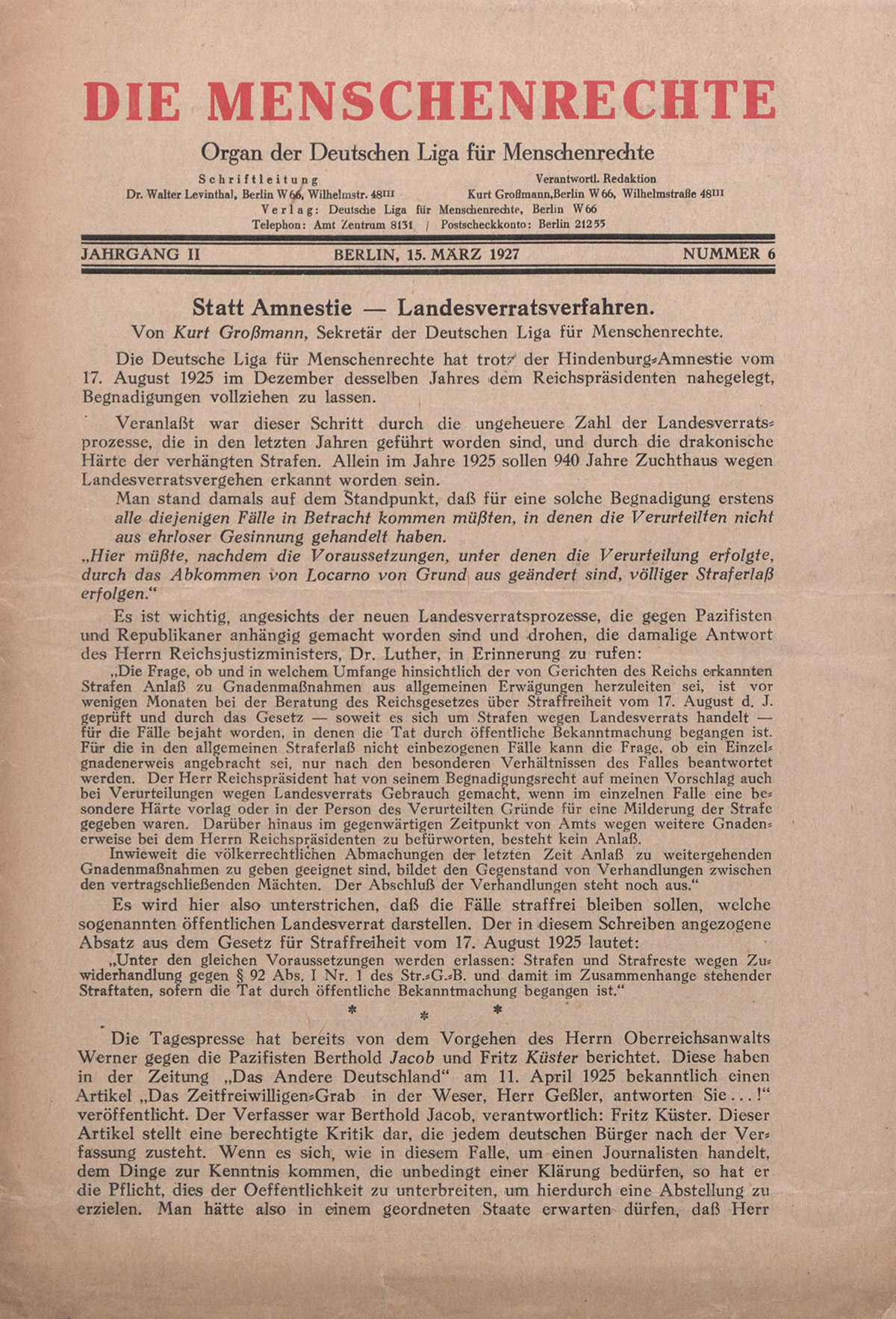 Die Menschenrechte (Les droits de l'homme),organe de la Ligue allemande des droits de l'Homme, 15 mars 1927