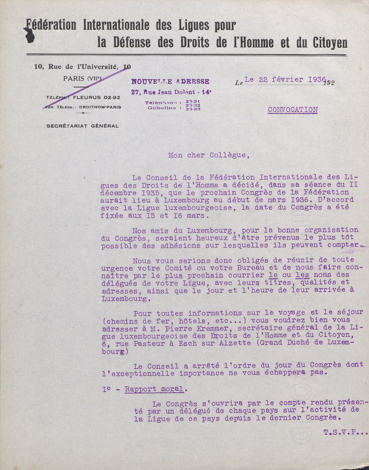 Fédération Internationale des Ligues pour la Défense des Droits de l'Homme et du Citoyen, Convocation, 22 janvier 1936