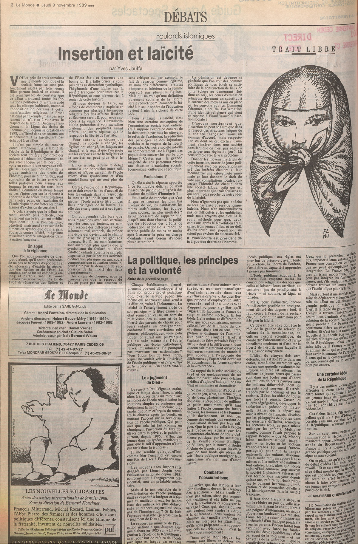 Insertion et laïcité in Le Monde, 9 novembre 1989